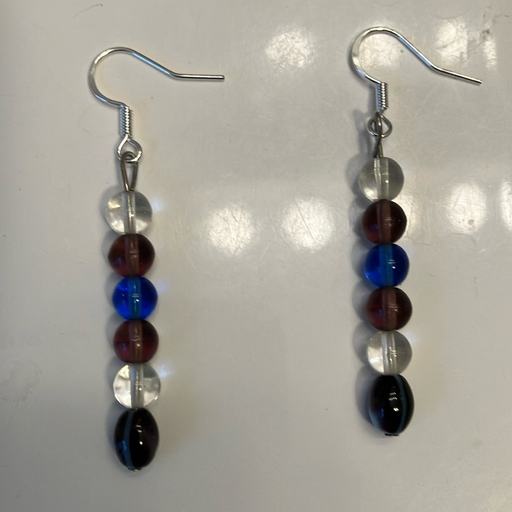 Blue, purple and clear faceted beads earrings.